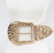 Oversized clear gold buckle belt